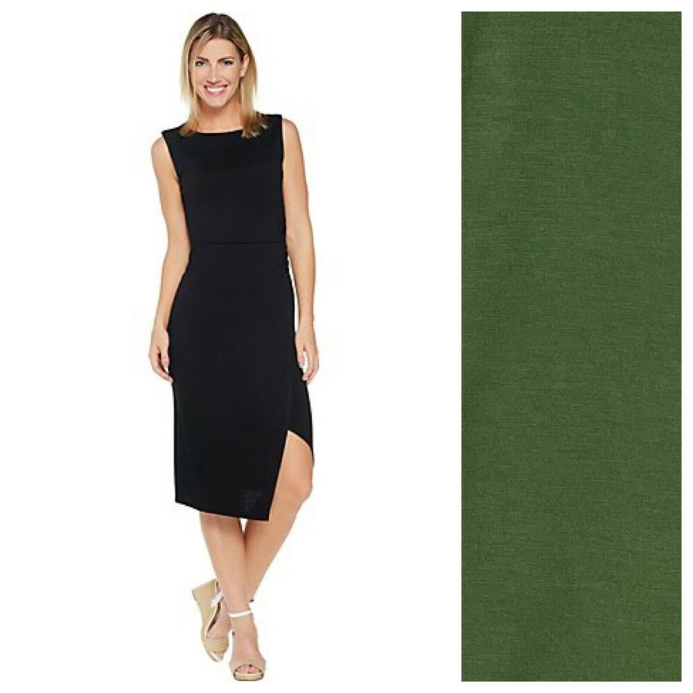 Lisa Rinna Collection Midi Tank Dress XS Olive Green Side Ruched Sleeveless NWOT
